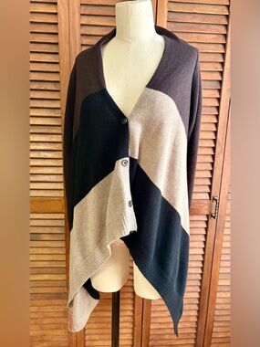 360 Cashmere Colorblock Draped Button-Front Poncho in Brown, Beige and Black